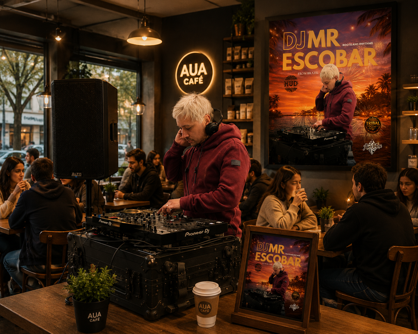 Barista pouring while the set plays