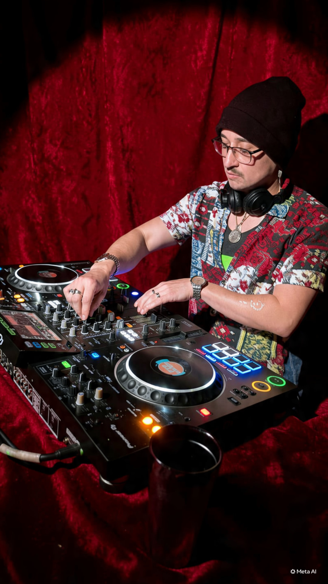 Mr. Escobar DJing against a red velvet backdrop
