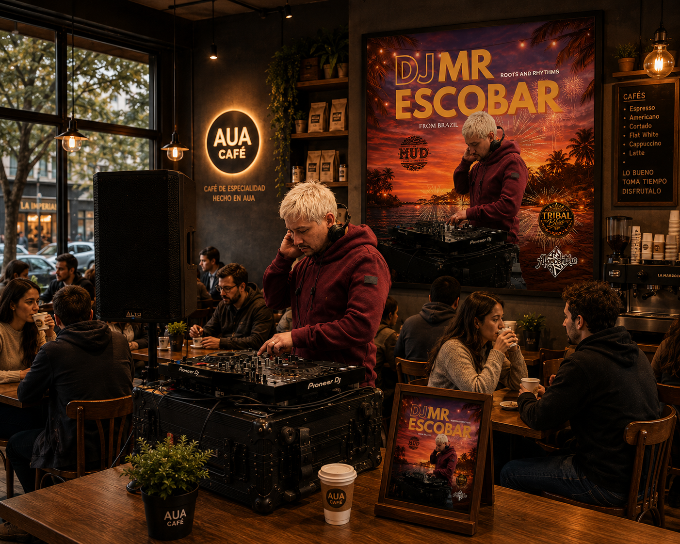 Records and a flat white on the counter